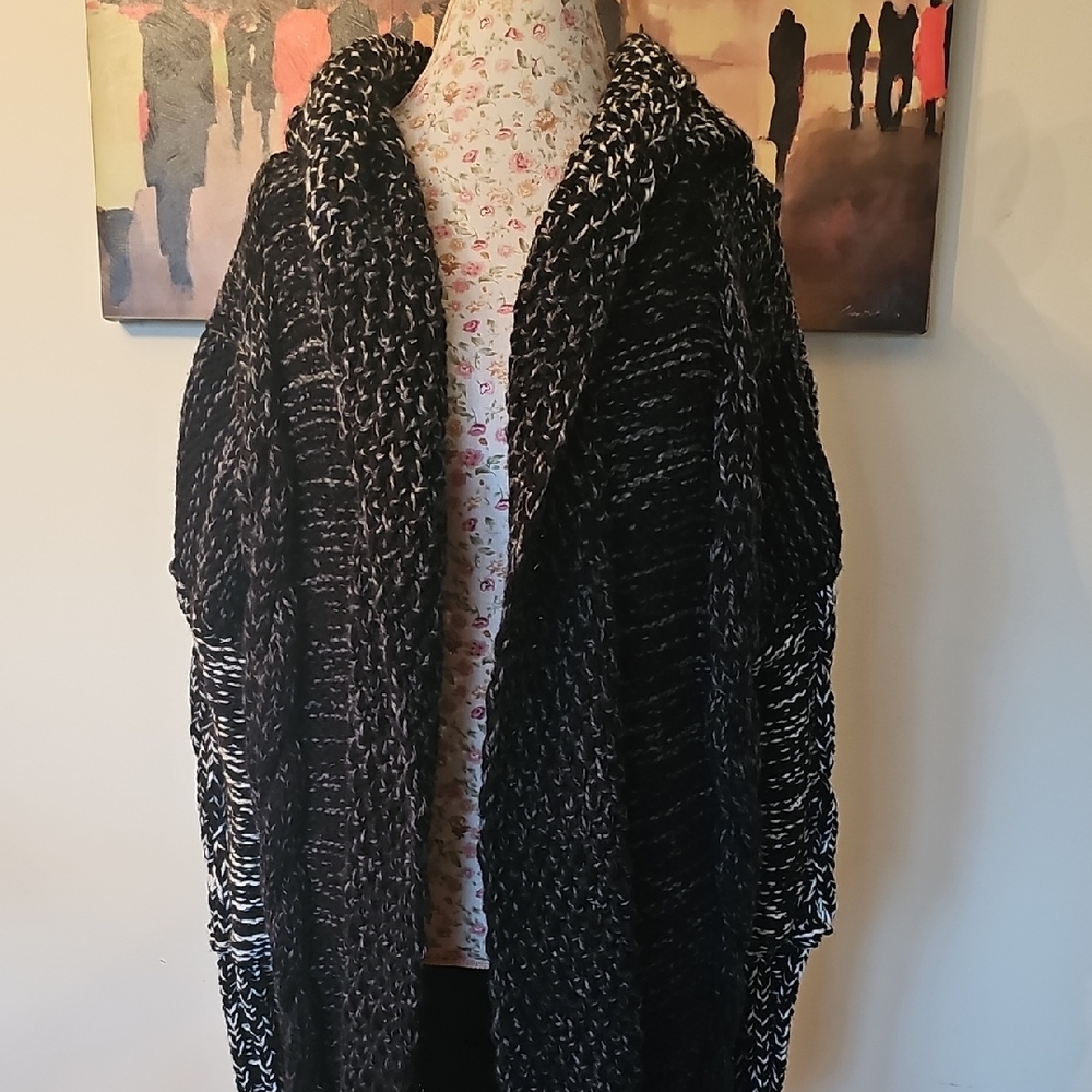 Wool Handmade Cable Knit Black and White  Cardigan With Hoodie.